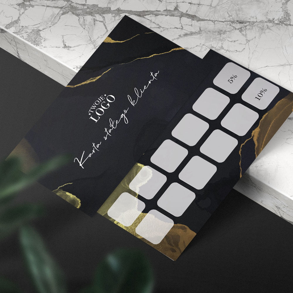 Karty stałego klienta dla firmy. Spersonalizowane karty z logo na naklejki lub stempelki. Eleganckie pakiety lojalnościowe. Karty z okienkami dla klientów.